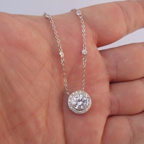 925 STERLING SILVER DESIGNERS PENDANT NECKLACE 4 CT LAB CREATED DIAMONDS - Picture 2 of 4